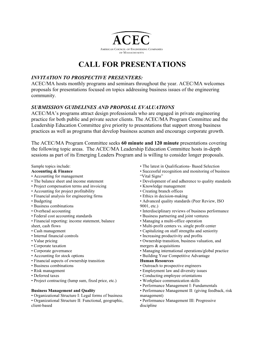 Draft Call for Presentations for AC Bus Forum