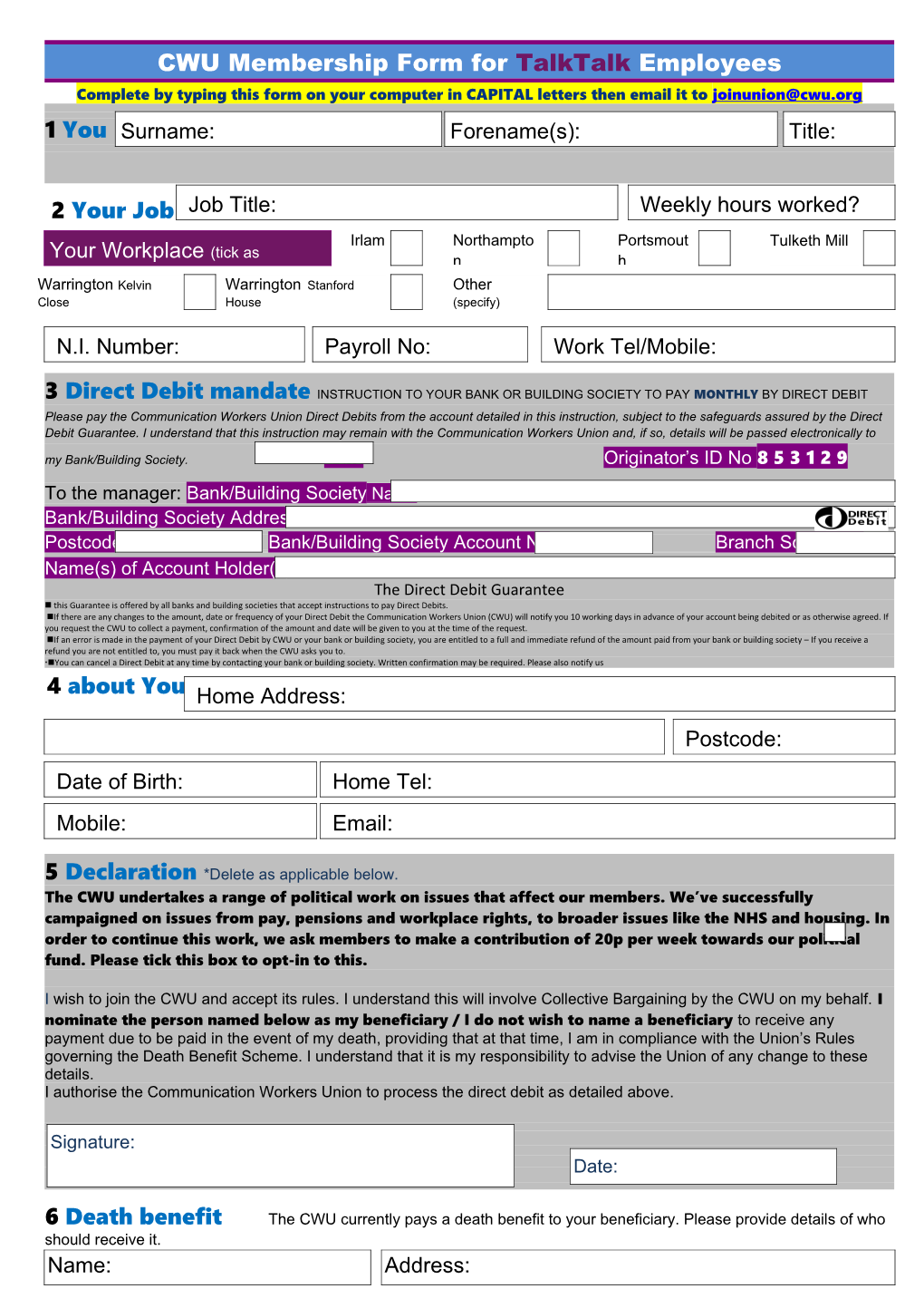 CWU Membership Form for Talktalk Employees