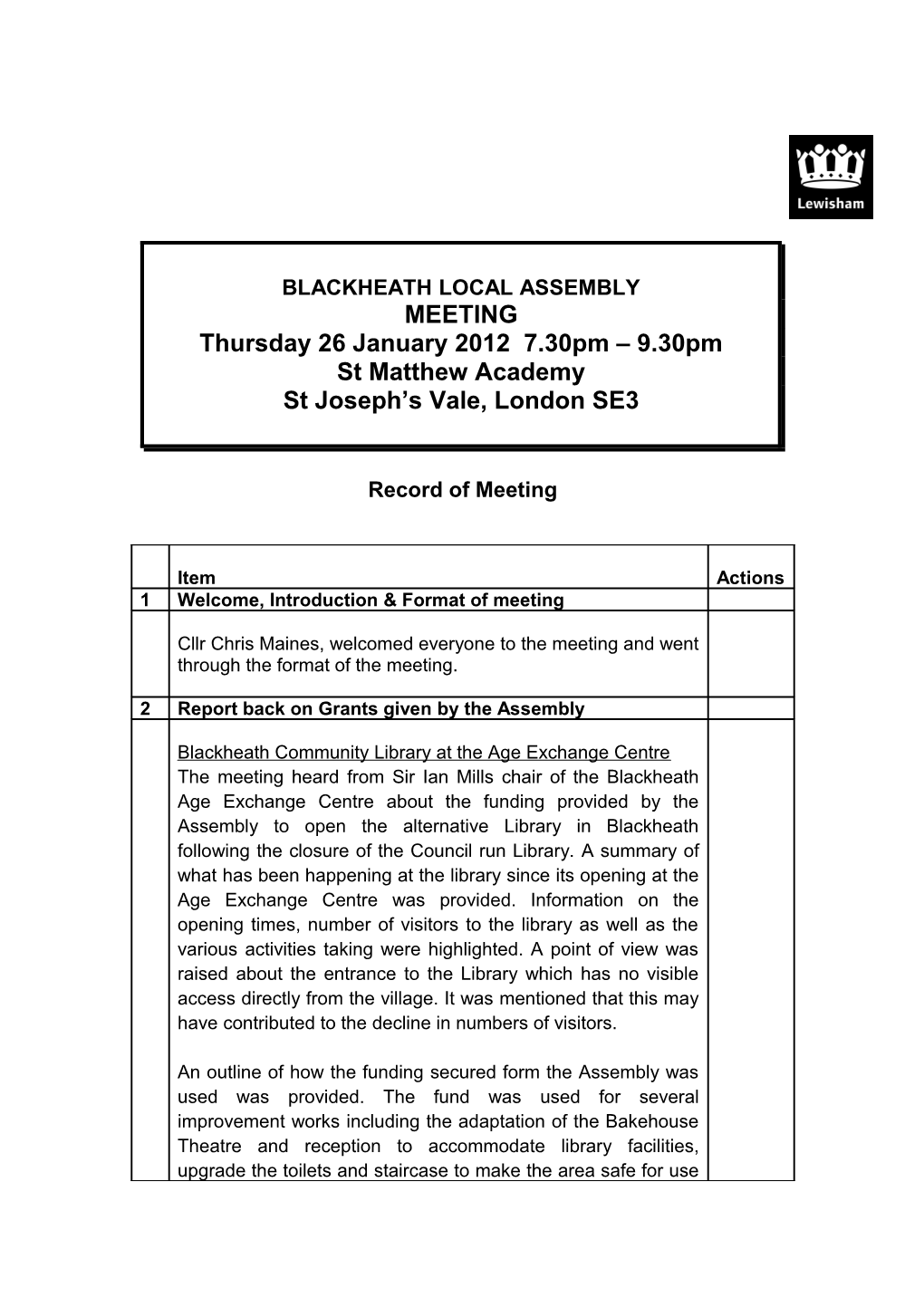 Blackheath Assembly Meeting 26 January 2012