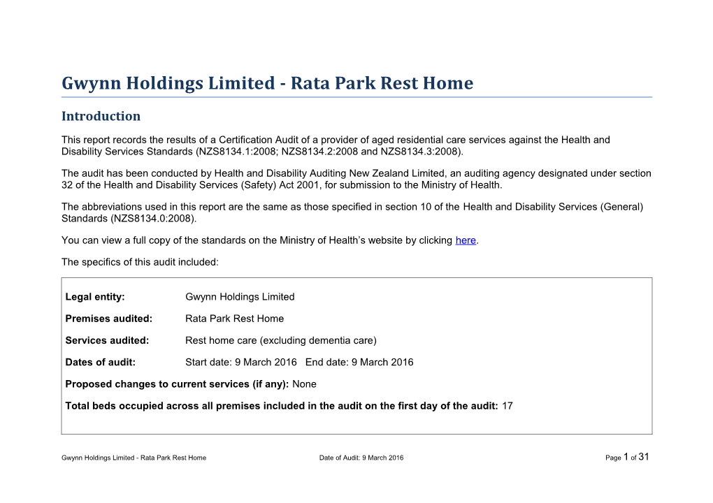 Gwynn Holdings Limited - Rata Park Rest Home