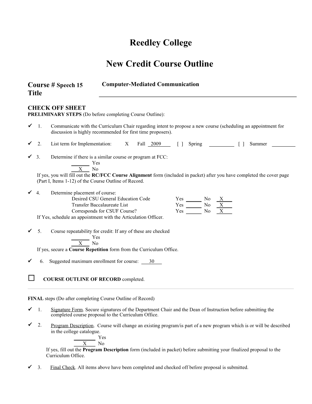 New Credit Course Outline