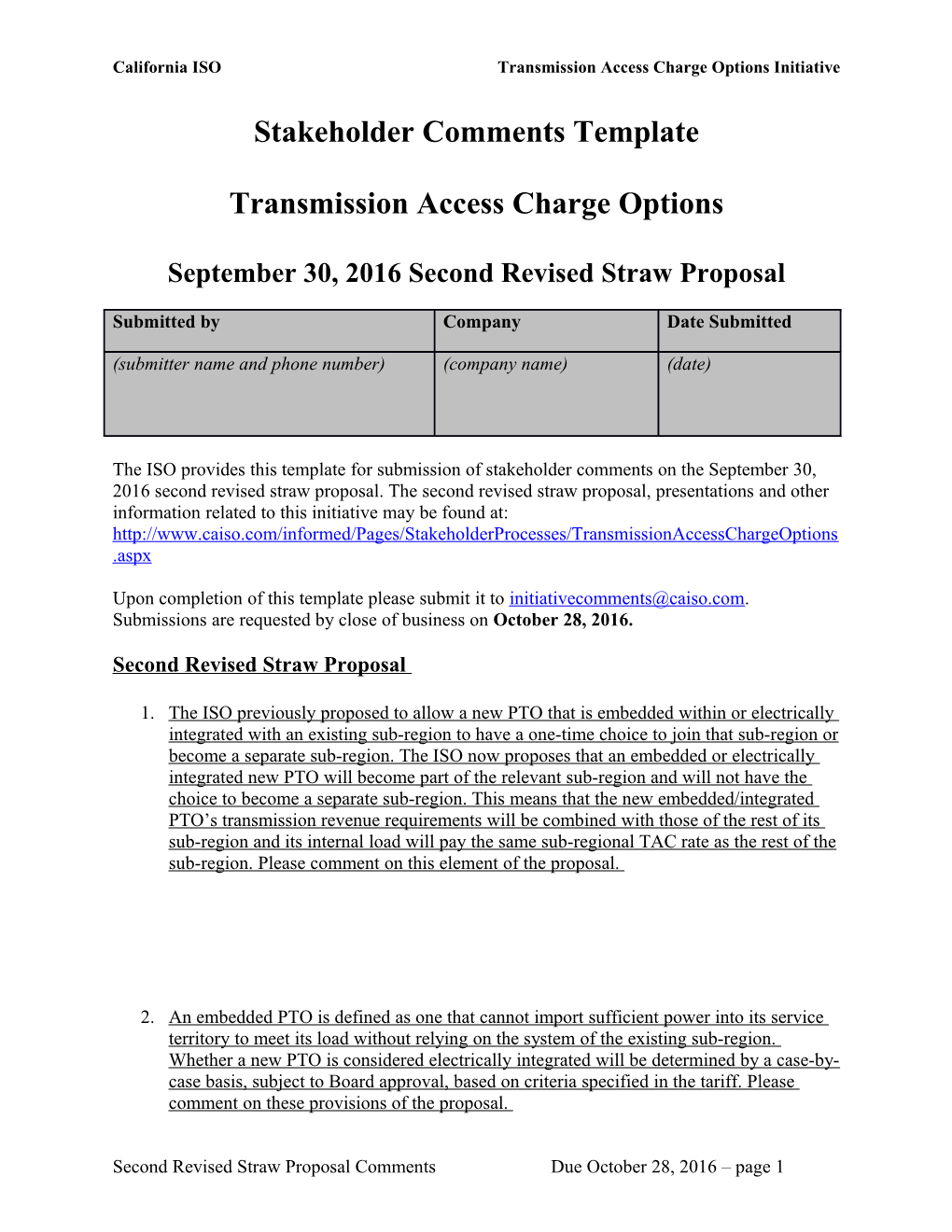 Comments Template - Transmission Access Charge Options - Second Revised Straw Proposal