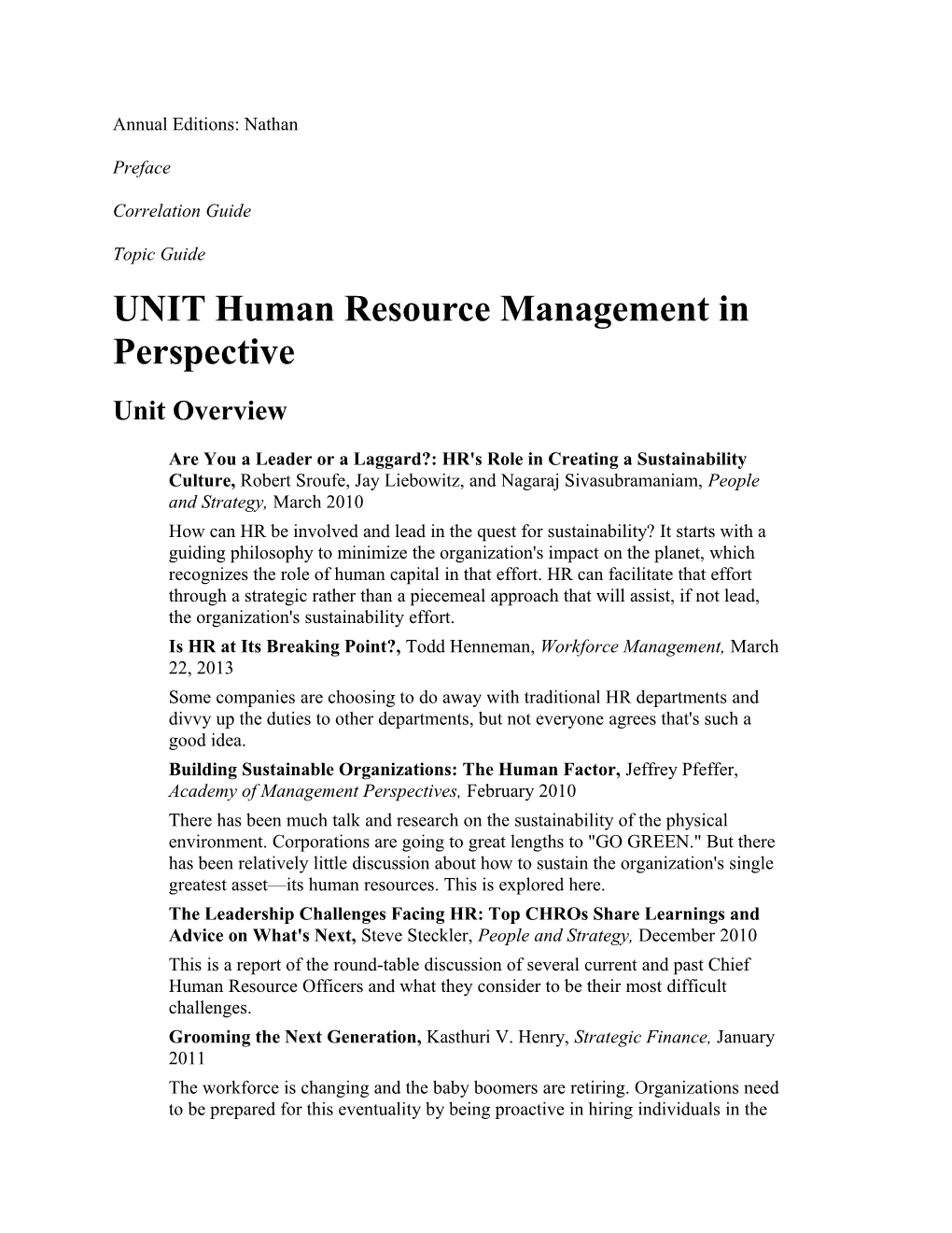 UNIT Human Resource Management in Perspective