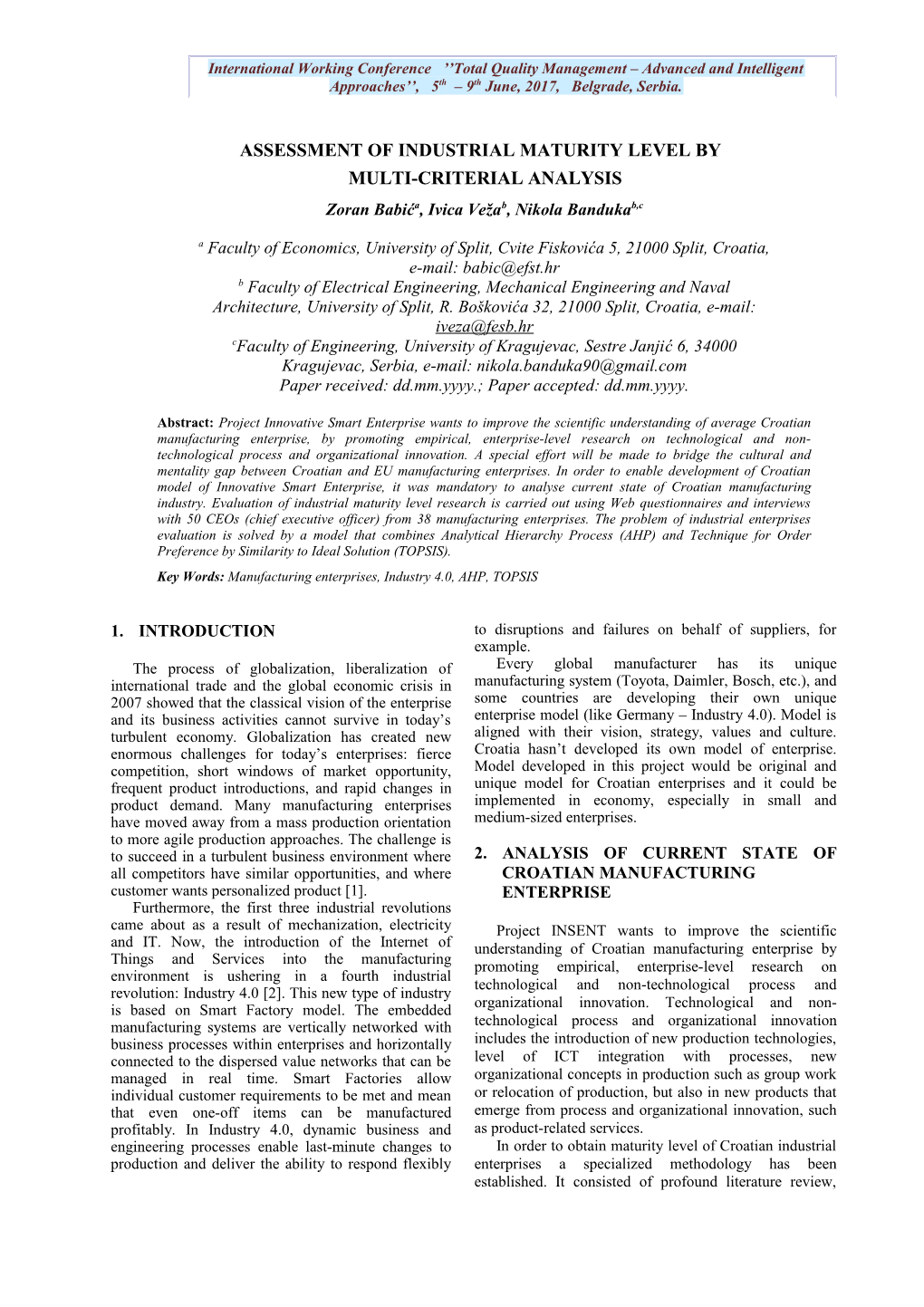 Assessment of Industrial Maturity Level By