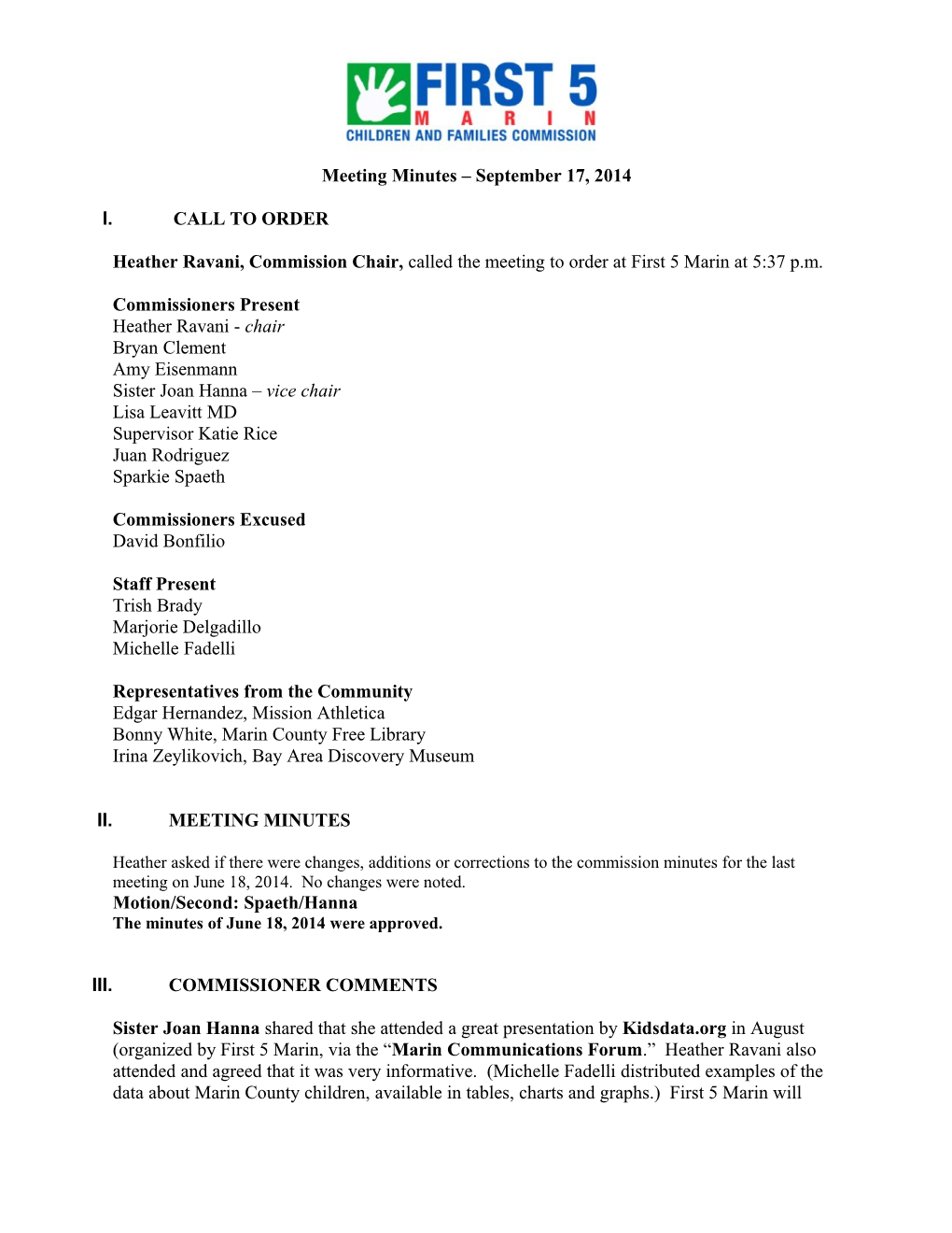 Meeting Minutes September 17, 2014