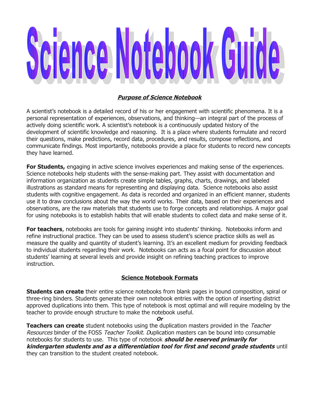 Purpose of Science Notebook