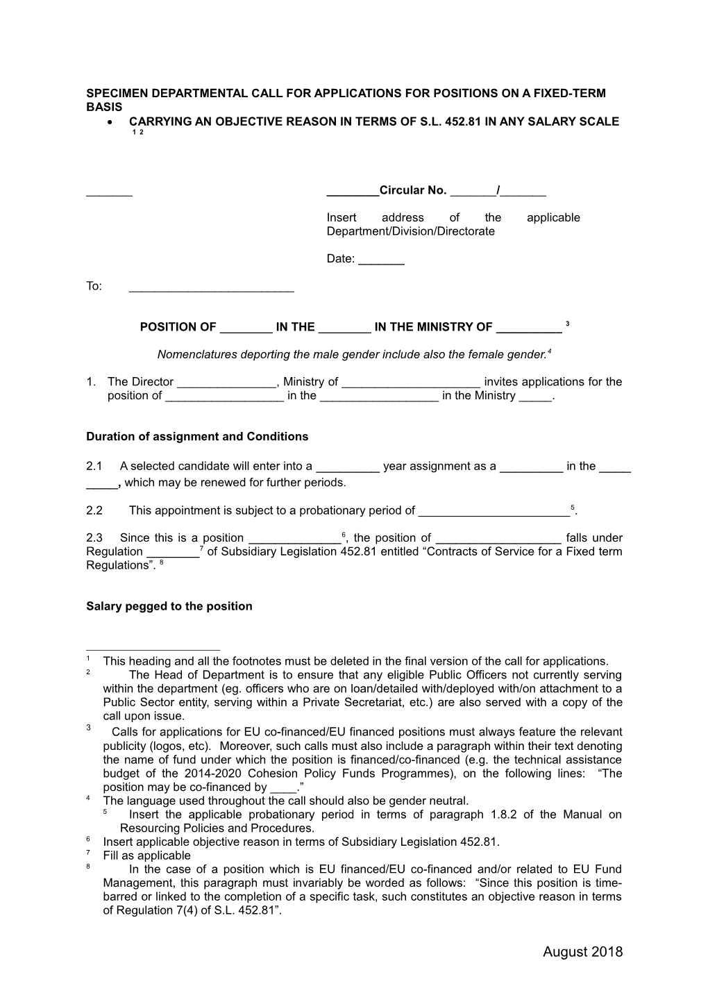 Specimen Service-Wide Call for Applications for Positions