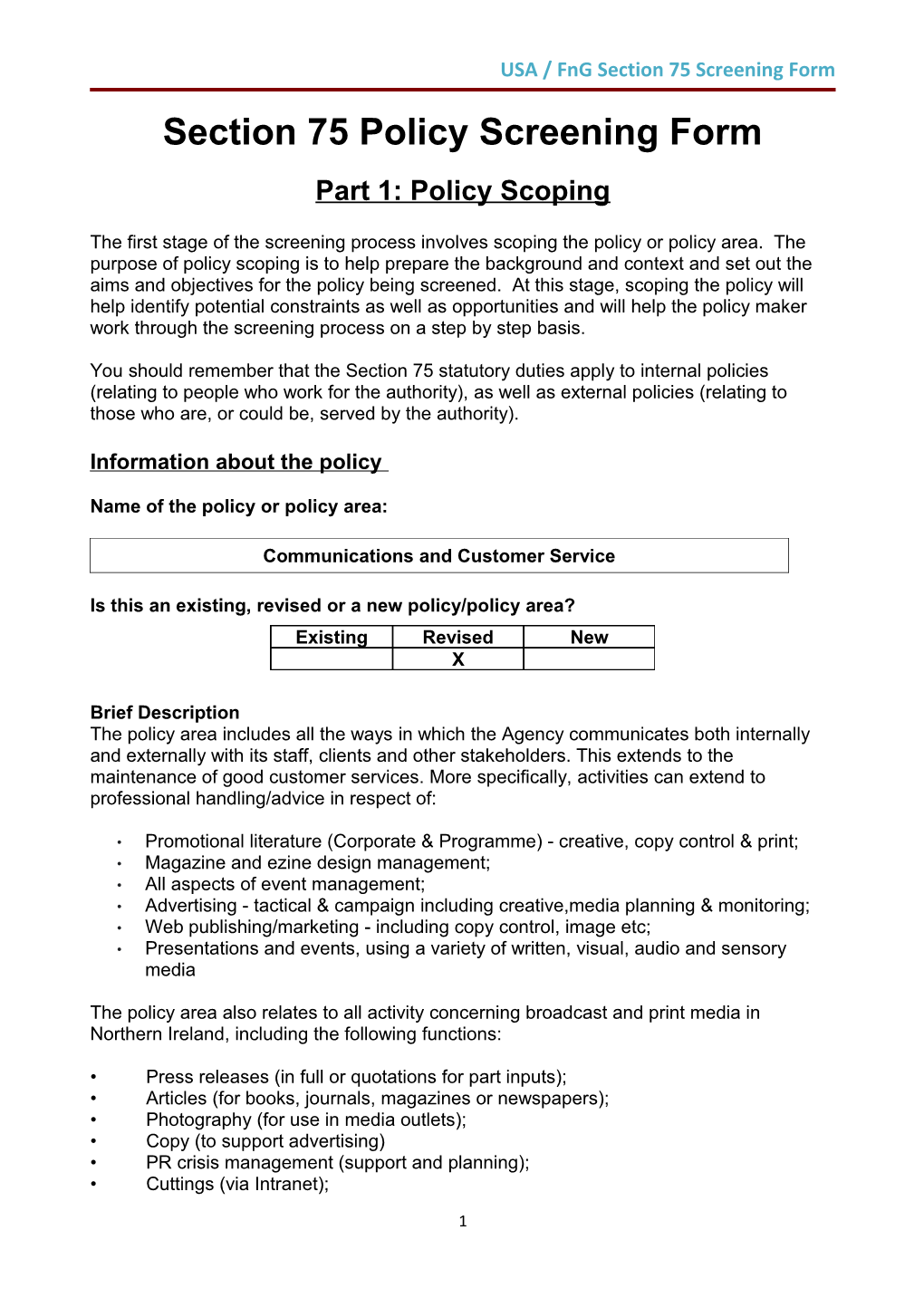 PSNI Section 75 Screening Form