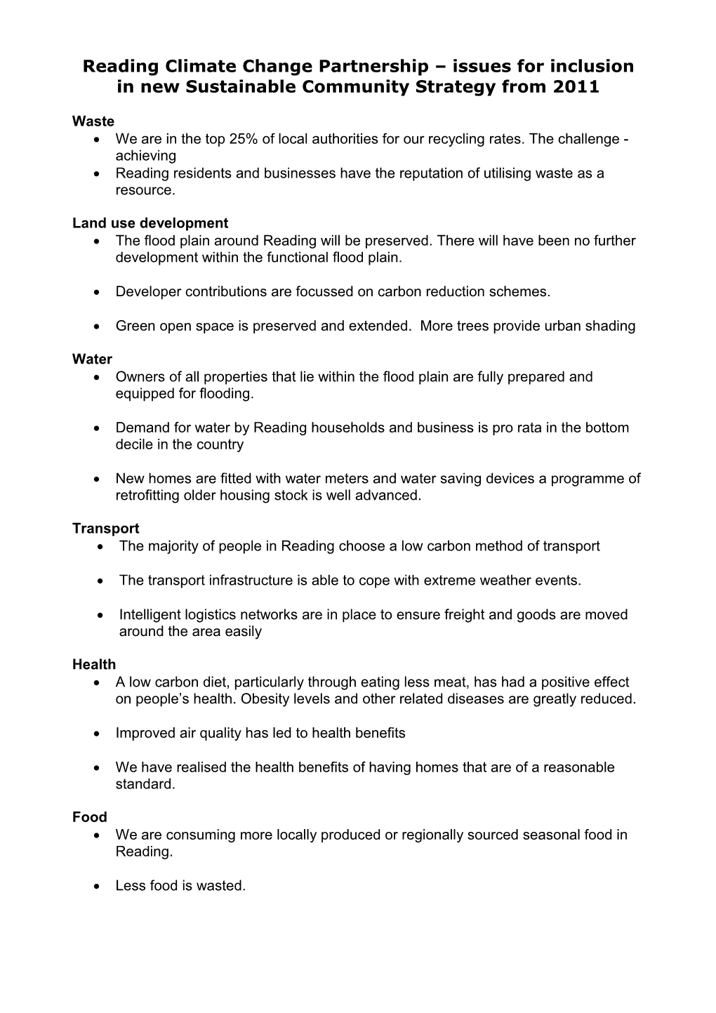 Reading Climate Change Partnership Issues for Inclusion in New Sustainable Community Strategy