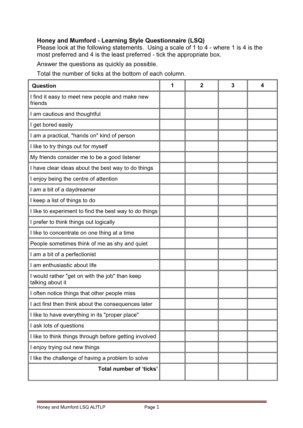 Honey and Mumford - Learning Style Questionnaire(LSQ)