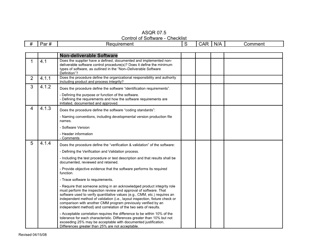 ASQR-07.5 Checklist (Control of Software)