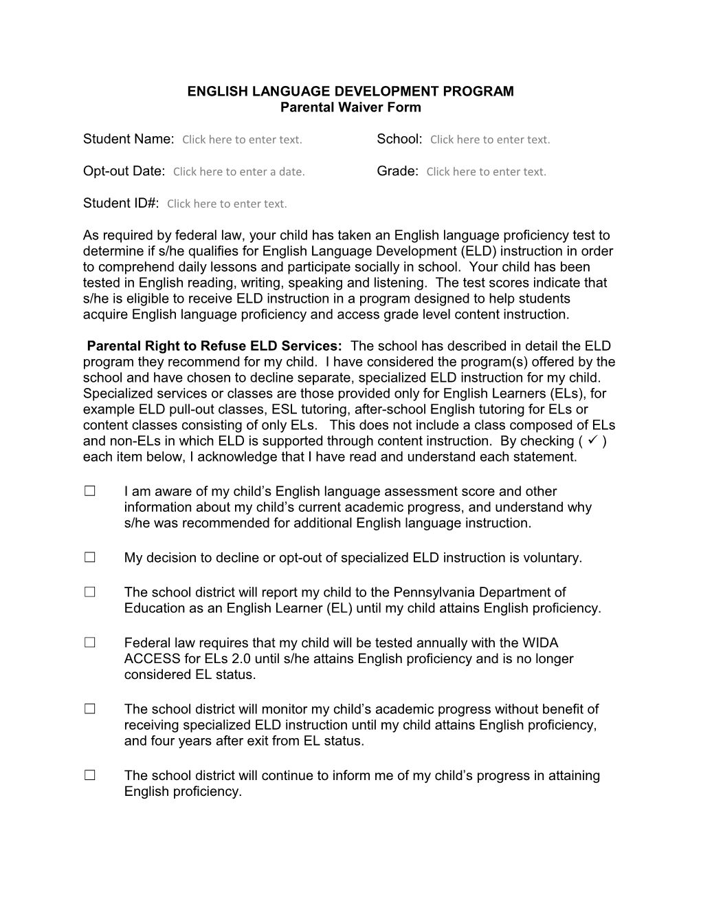 ELD Parent Opt-Out Form