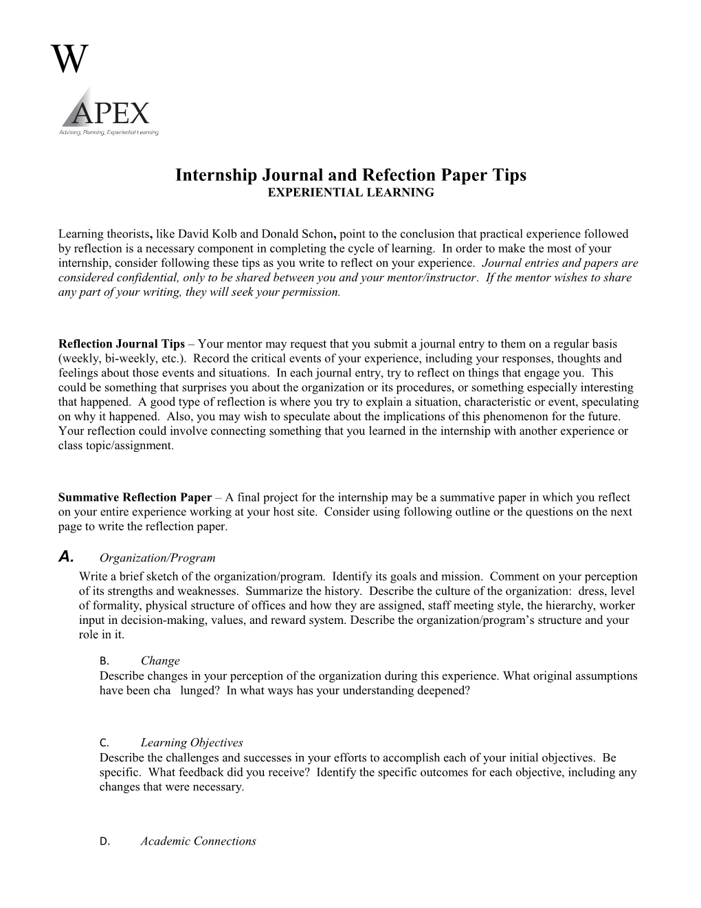 Internship Journal and Refection Paper Tips EXPERIENTIAL LEARNING