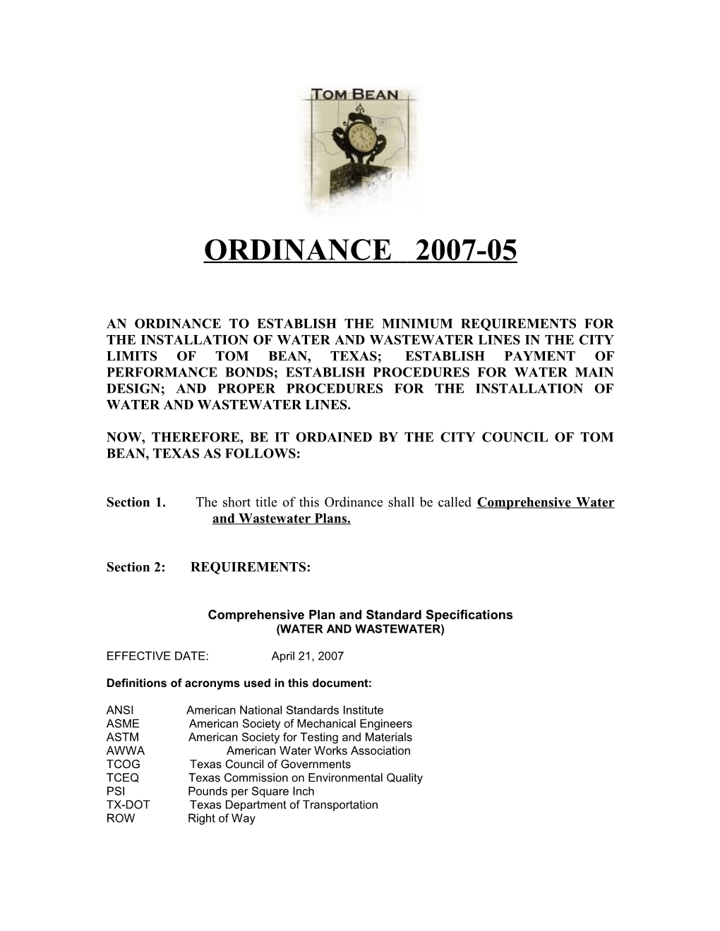Now, Therefore, Be It Ordained by the City Council of Tom Bean, Texas As Follows