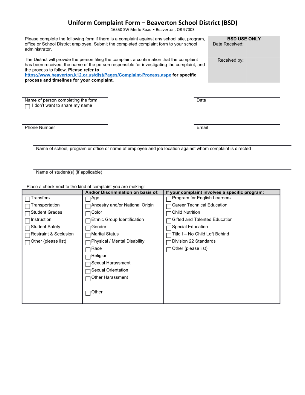 Uniform Complaint Form Beaverton School District (BSD)