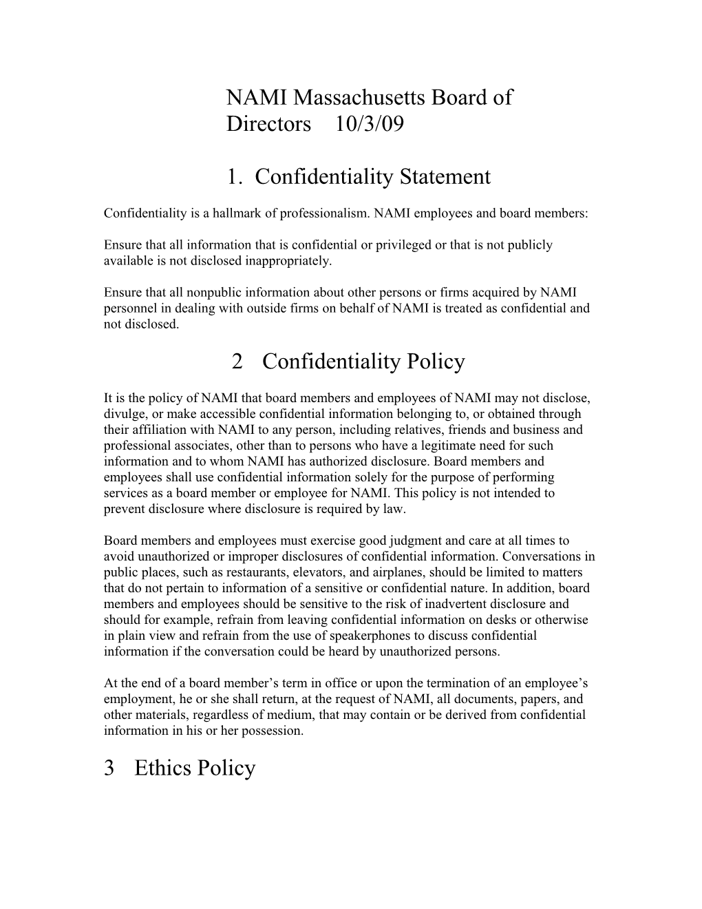 Code of Ethics Policy Approved 2009