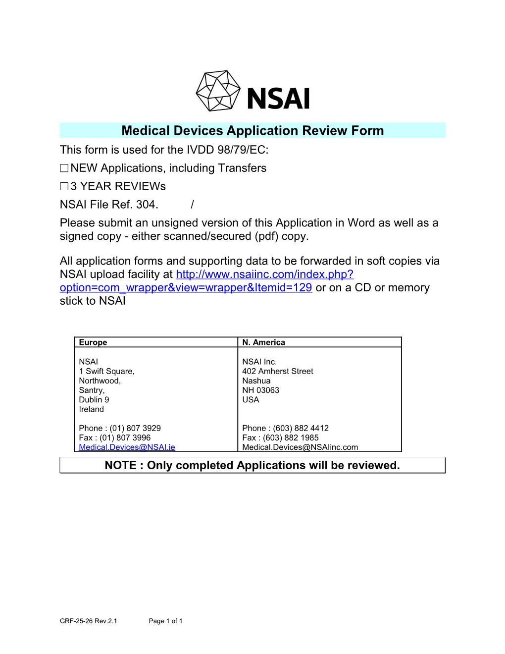 Medical Devices Application Review Form