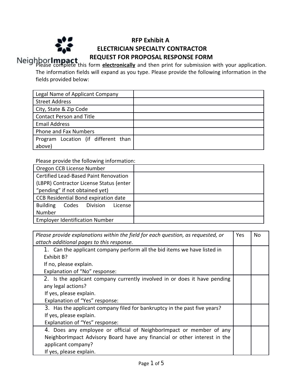 Request for Proposal Response Form