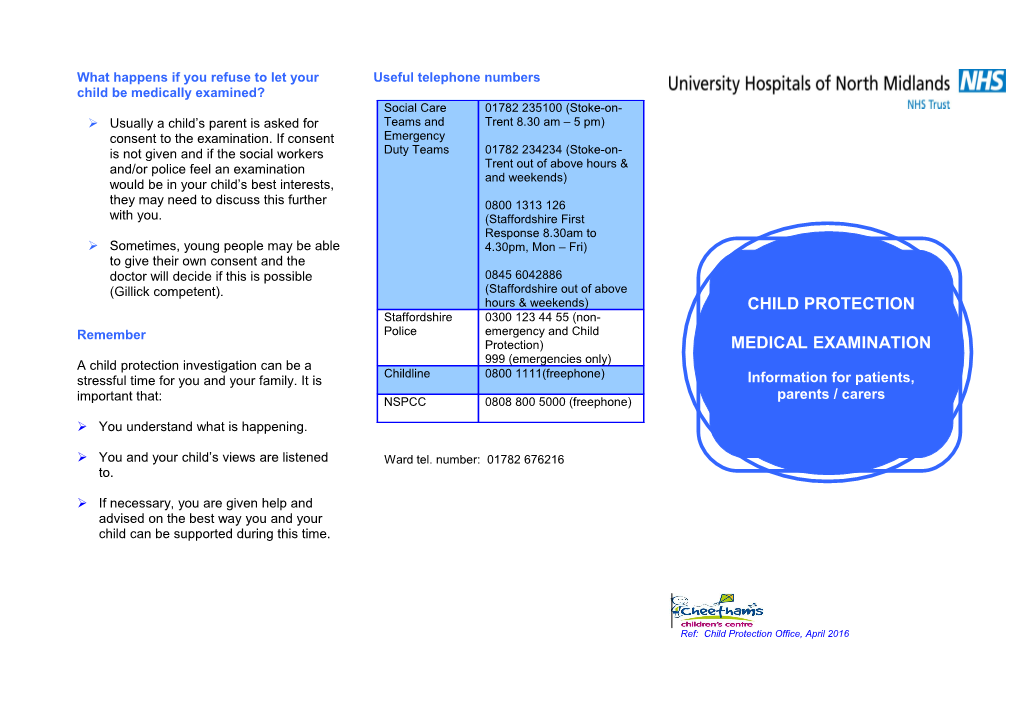 University Hospitals of North Midlands (UHNM) Child Protection Medical Examination Leaflet