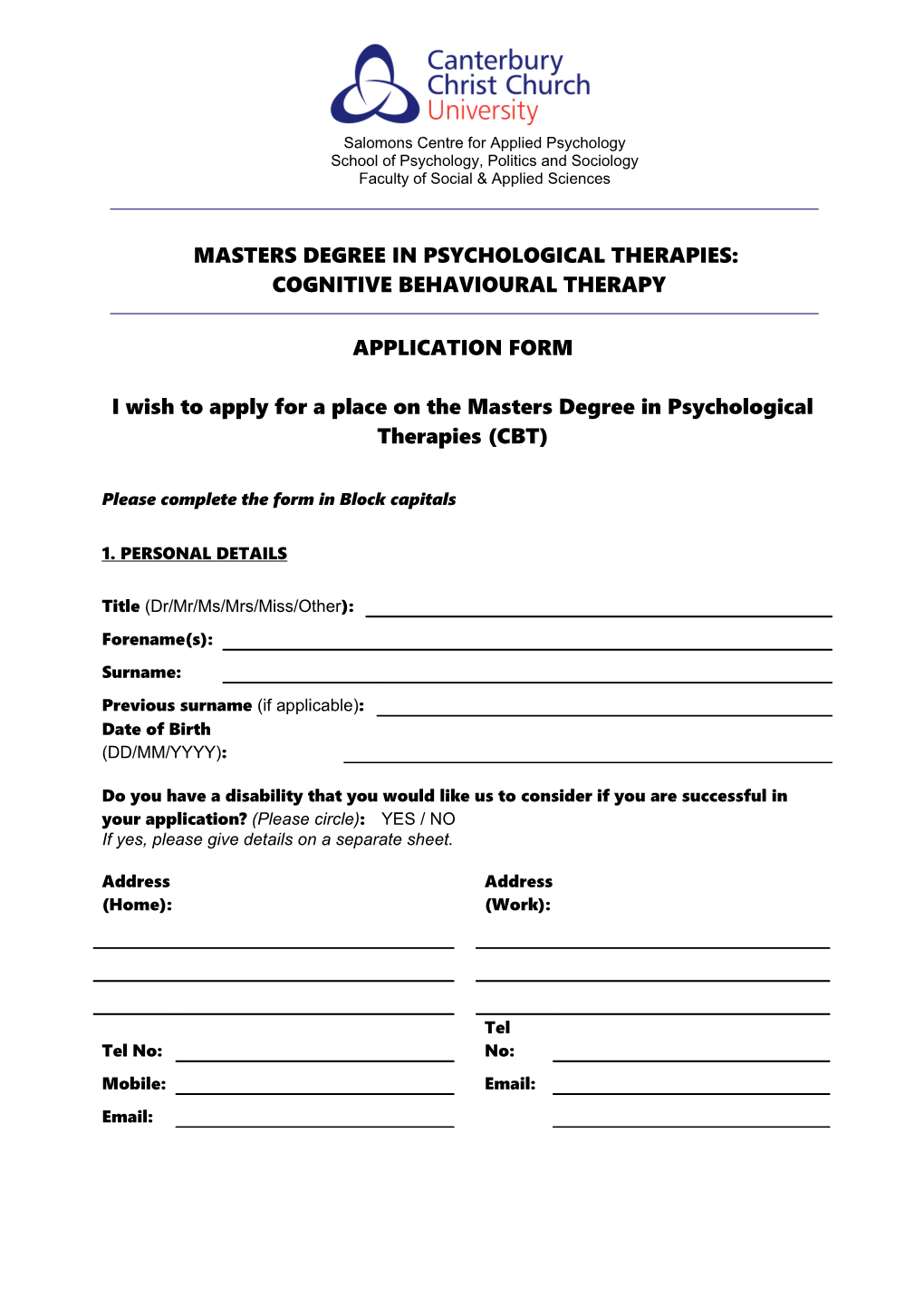 Application Form for Msc in CBT