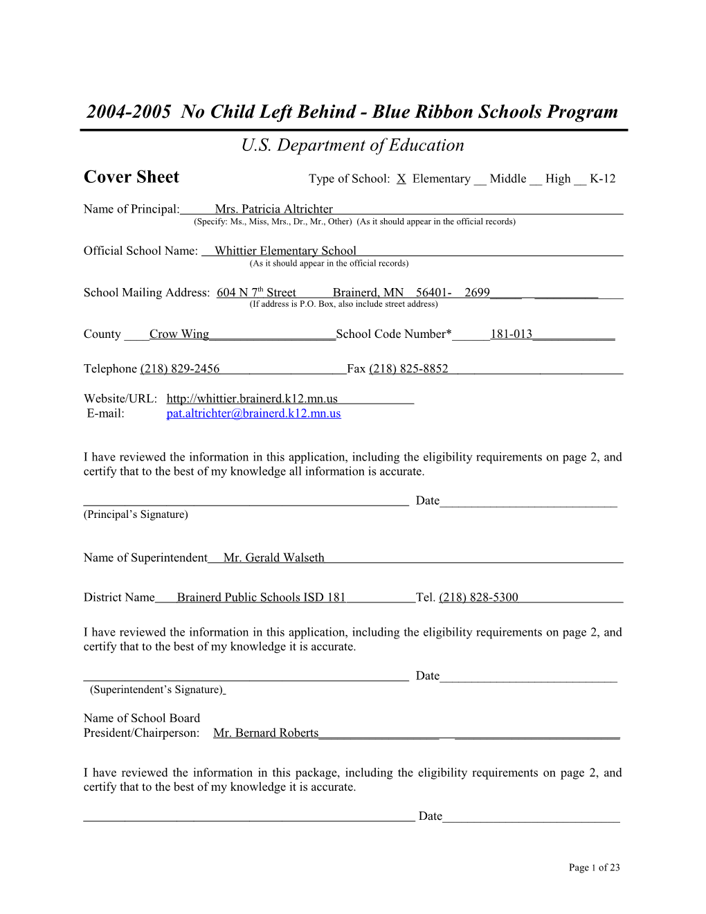 Whittier Elementary School Application: 2004-2005, No Child Left Behind - Blue Ribbon Schools