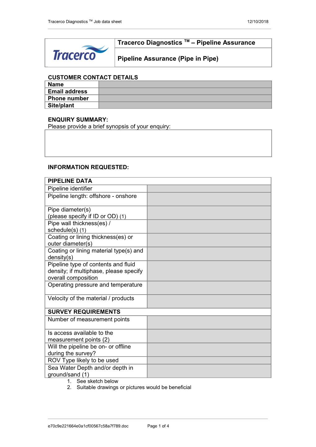 Tracerco Diagnostics TM Job Data Sheet17/10/2018