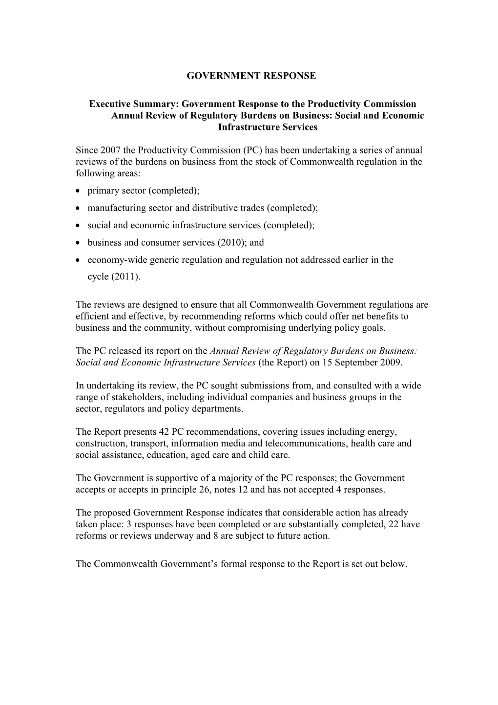 Government Response to the Productivity Commission Annual Review of Regulatory Burdens