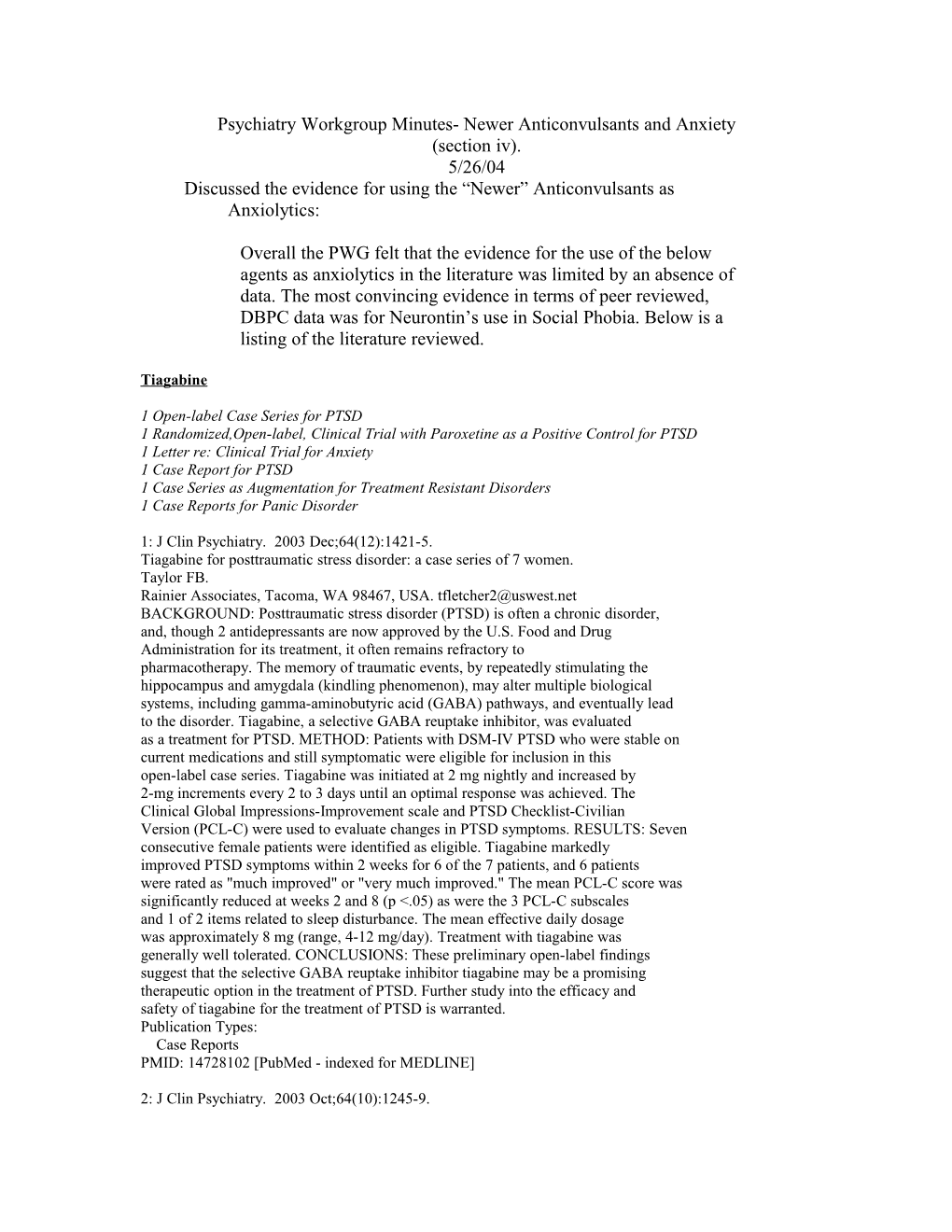 Psychiatry Workgroup Minutes- Anxiety Segment