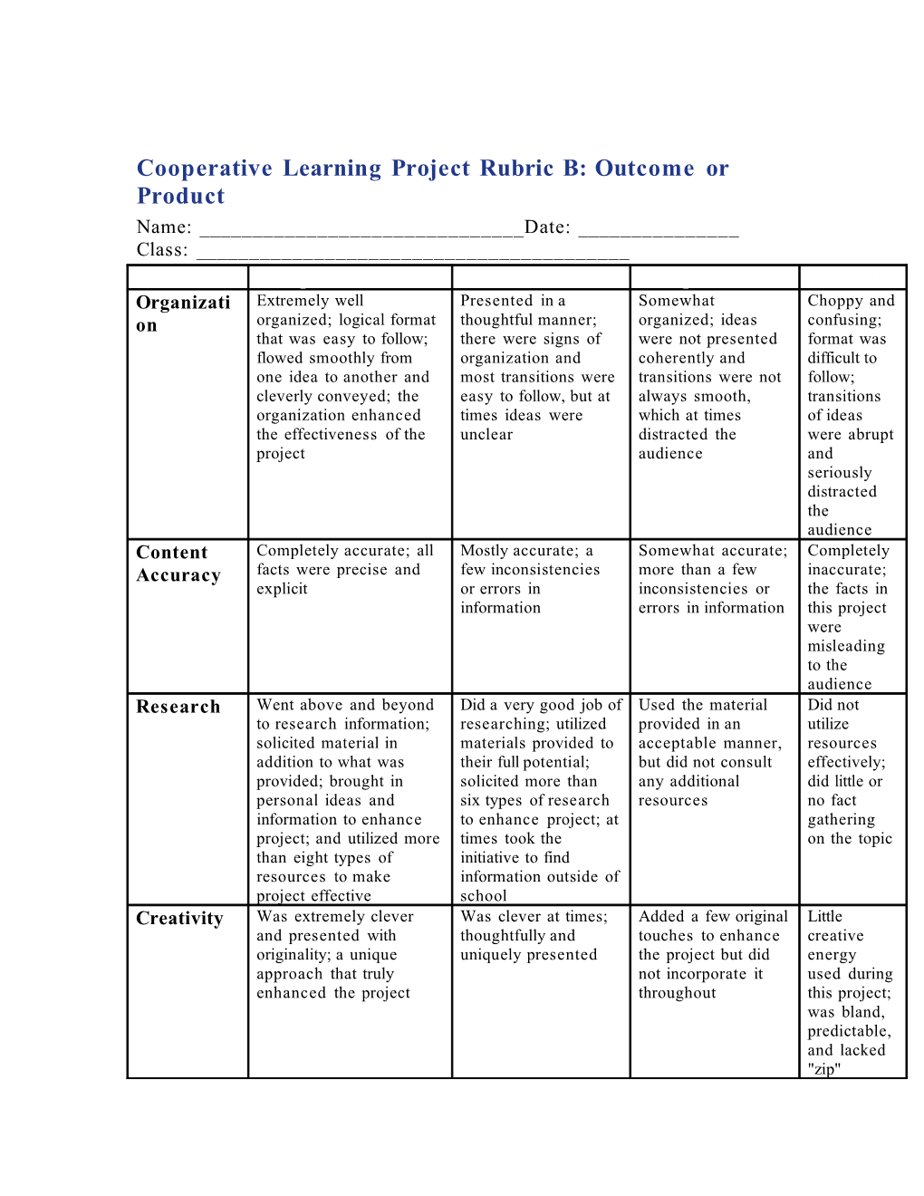 Cooperative Learning Project Rubric B: Outcome Or Product