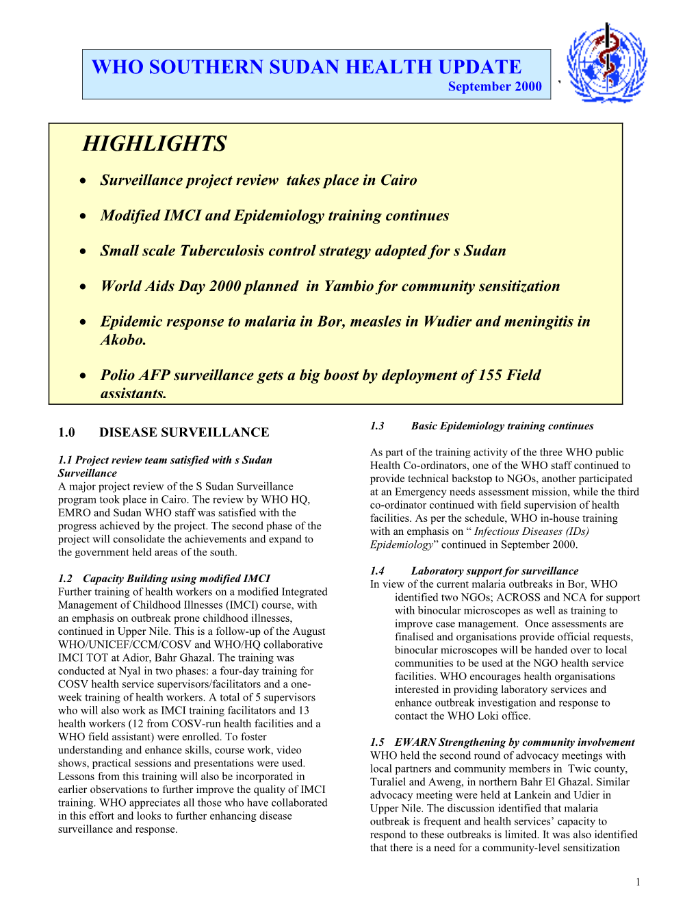 June 2000 Disease Surveillance and Response Activities Update