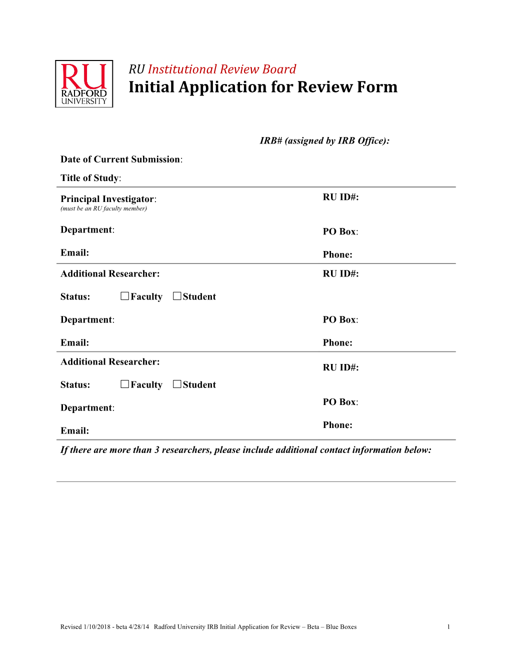 Radford University IRB Investigator S Form