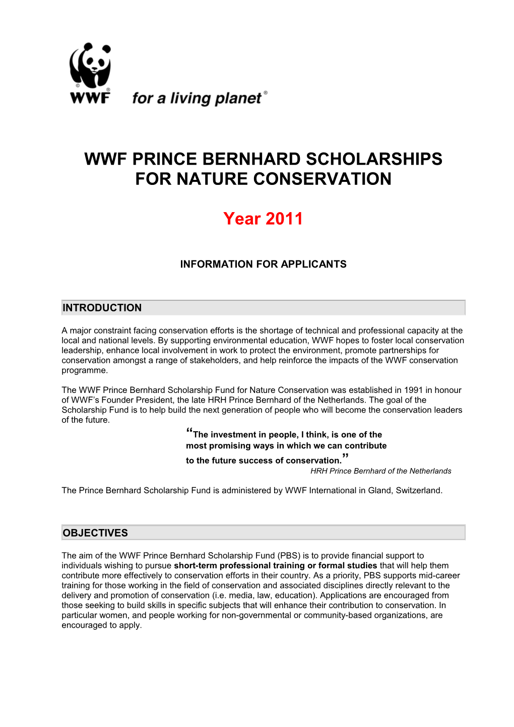 Wwf Prince Bernhard Scholarships