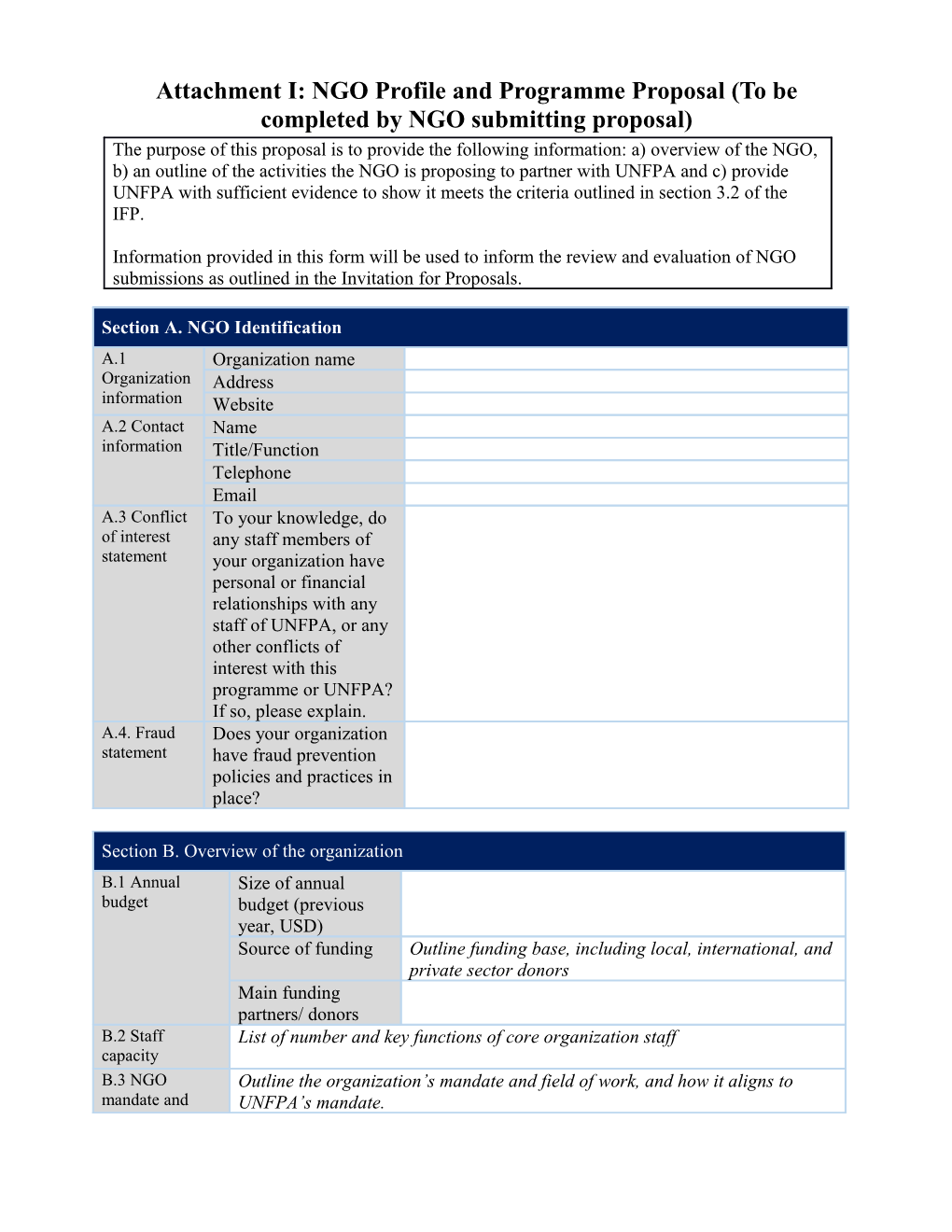 Attachment I: NGO Profile and Programme Proposal (To Be Completed by NGO Submitting Proposal)