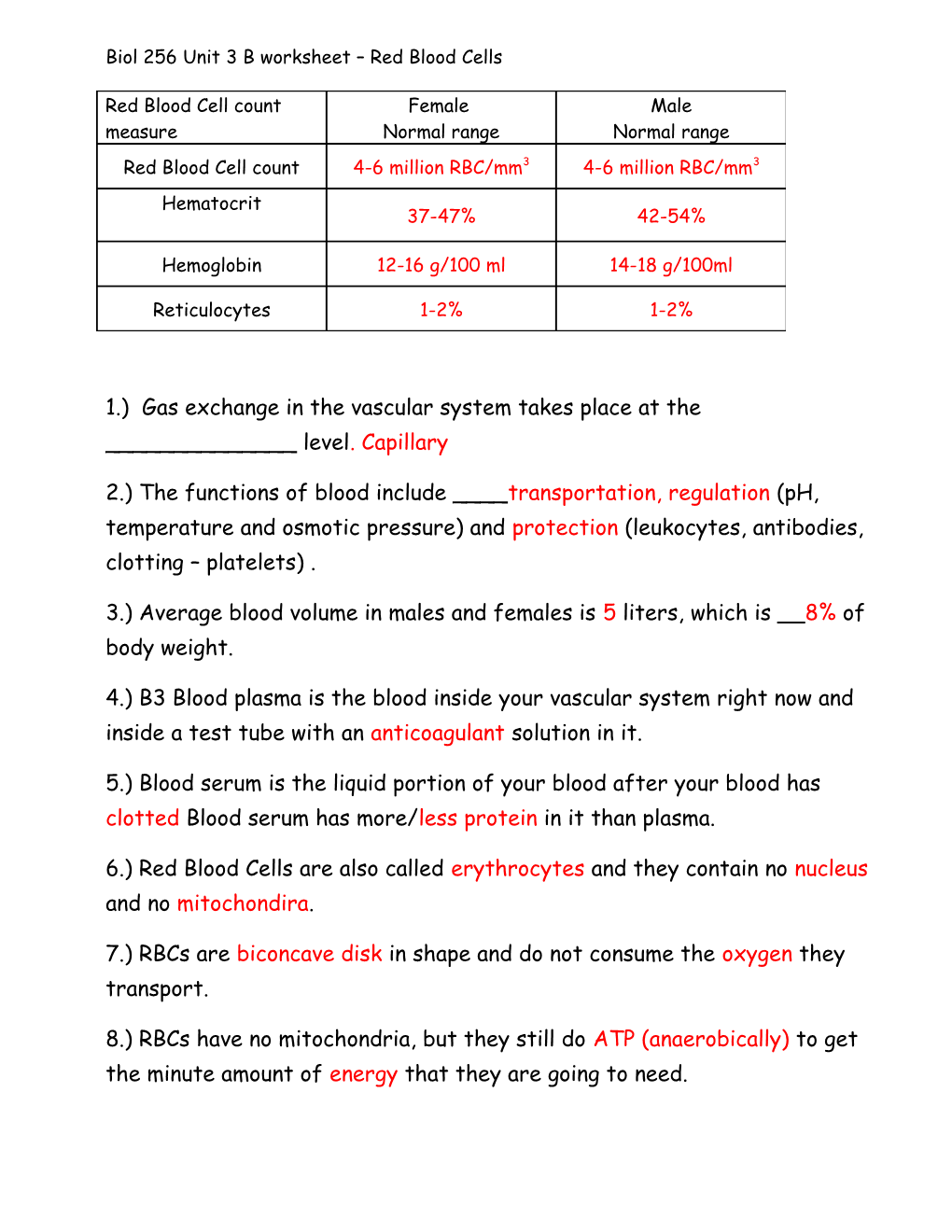 Biol 256 Unit 3 B Worksheet Red Blood Cells