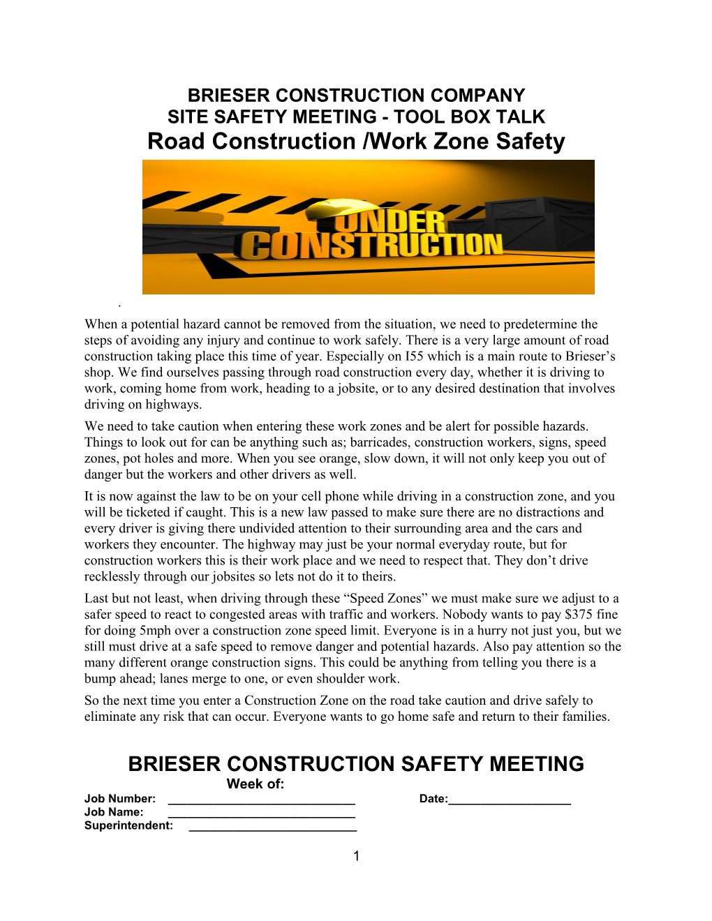Site Safety Meeting - Tool Box Talk