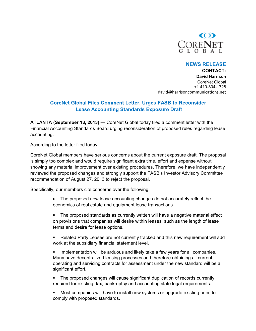 Corenet Global Files Comment Letter, Urges FASB to Reconsider