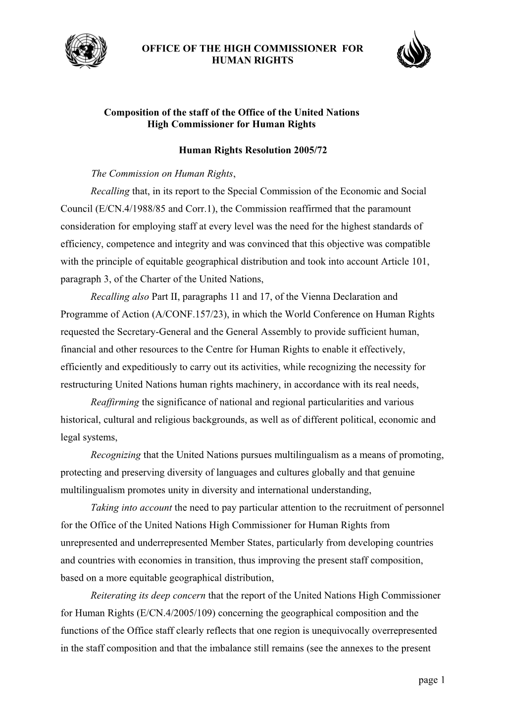 Composition of the Staff of the Office of the United Nations Highcommissioner for Human Rights