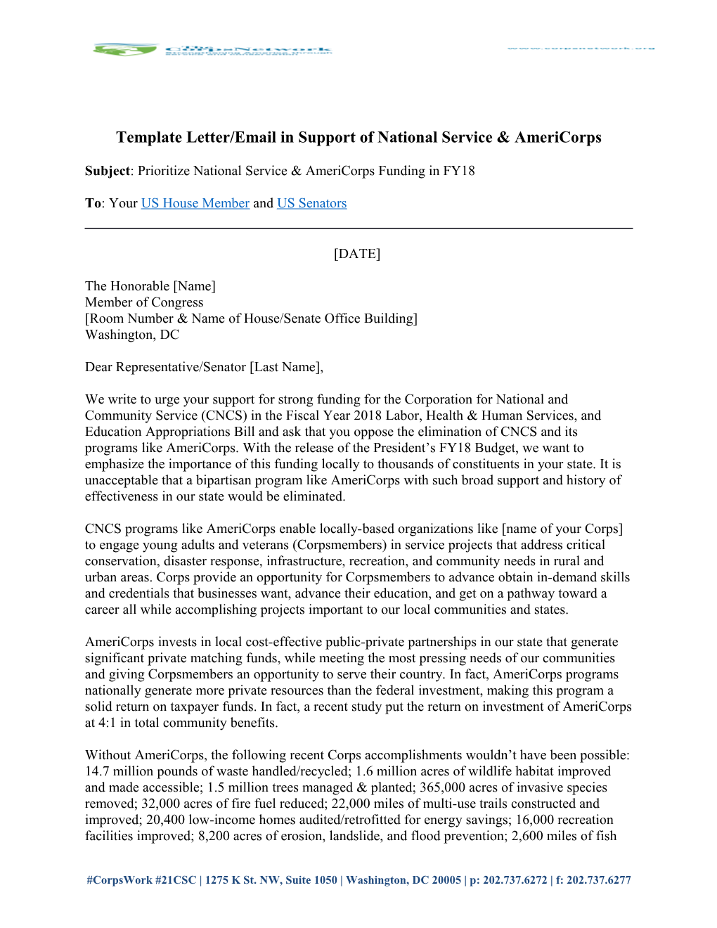 Template Letter/Email in Support of National Service & Americorps