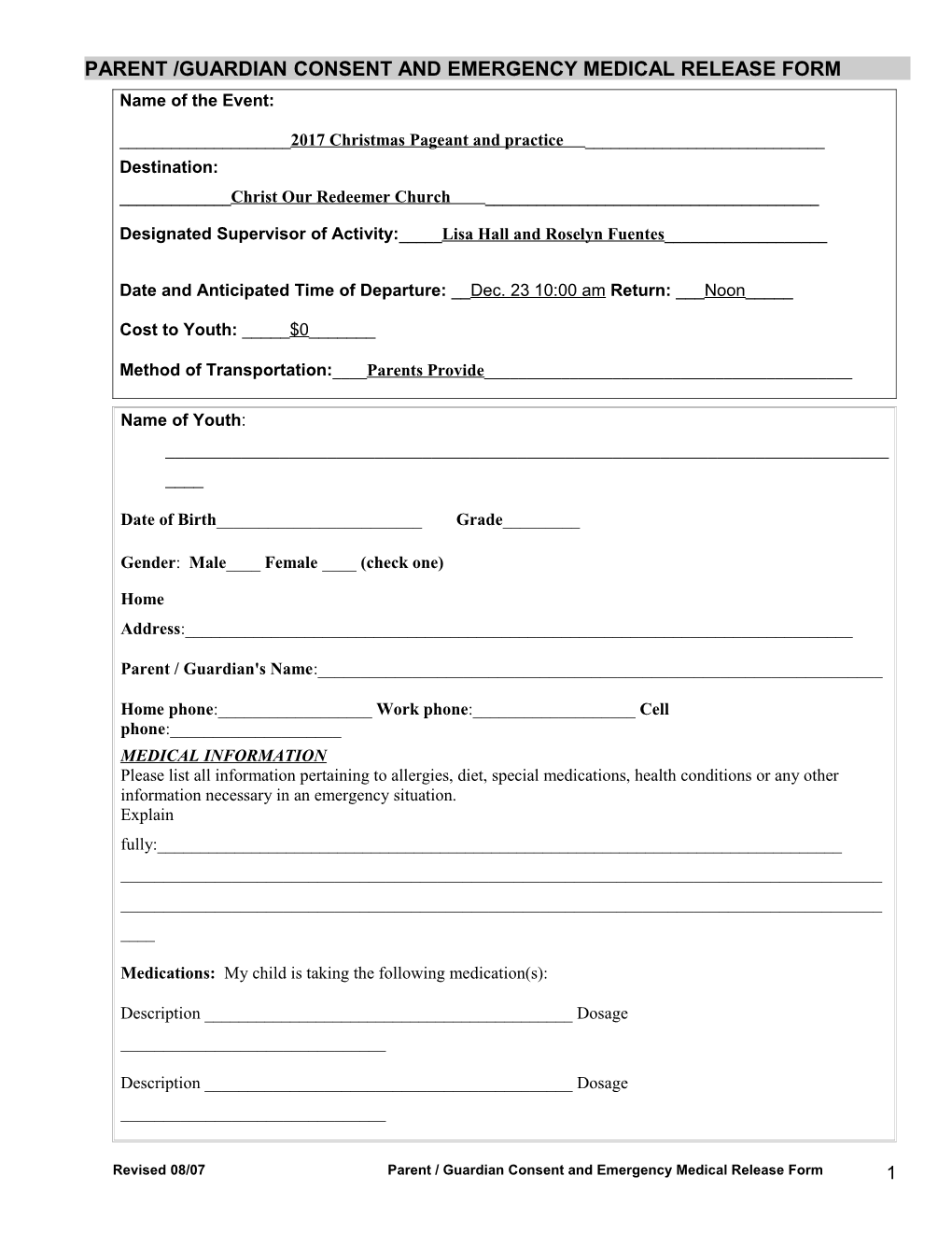 Parent /Guardian Consent and Emergency Medical Release Form