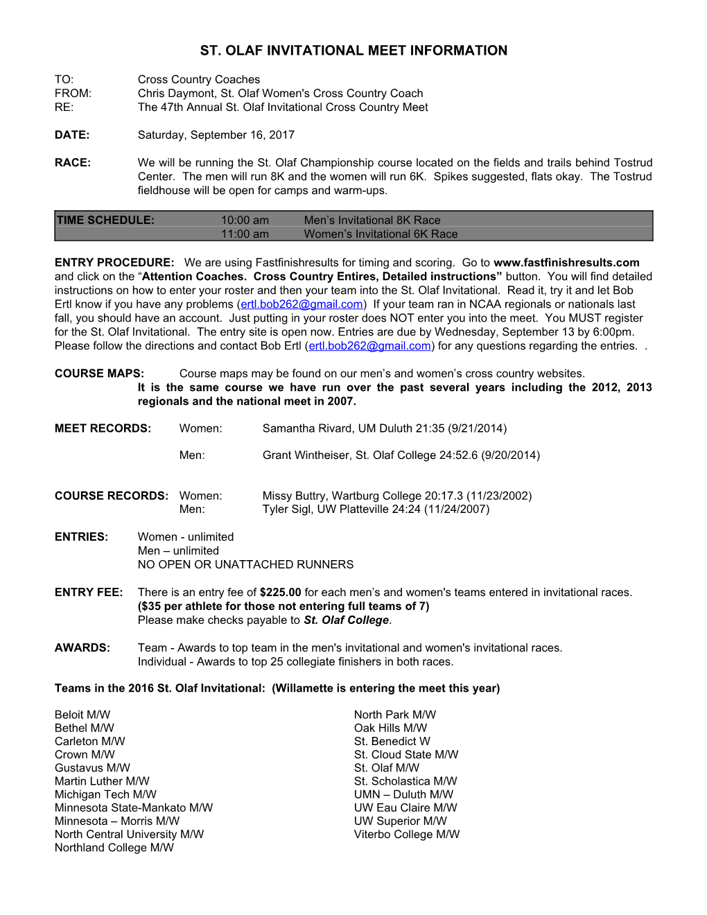 St. Olaf Invitational Meet Information