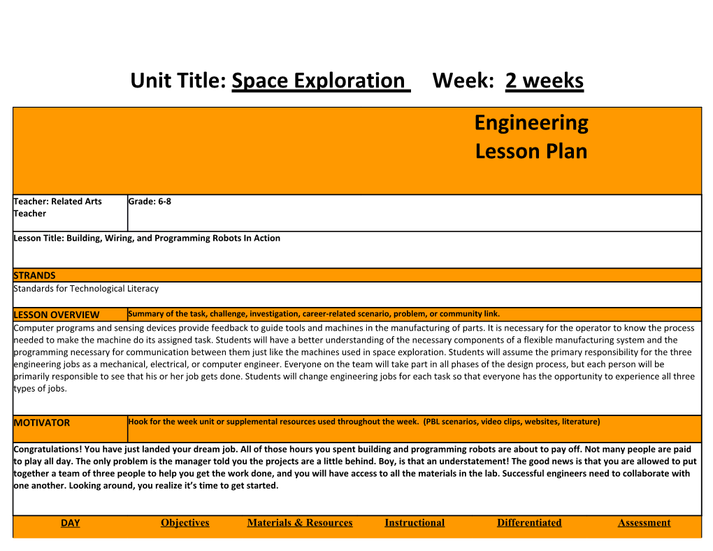 Unit Title:Space Exploration Week: 2 Weeks