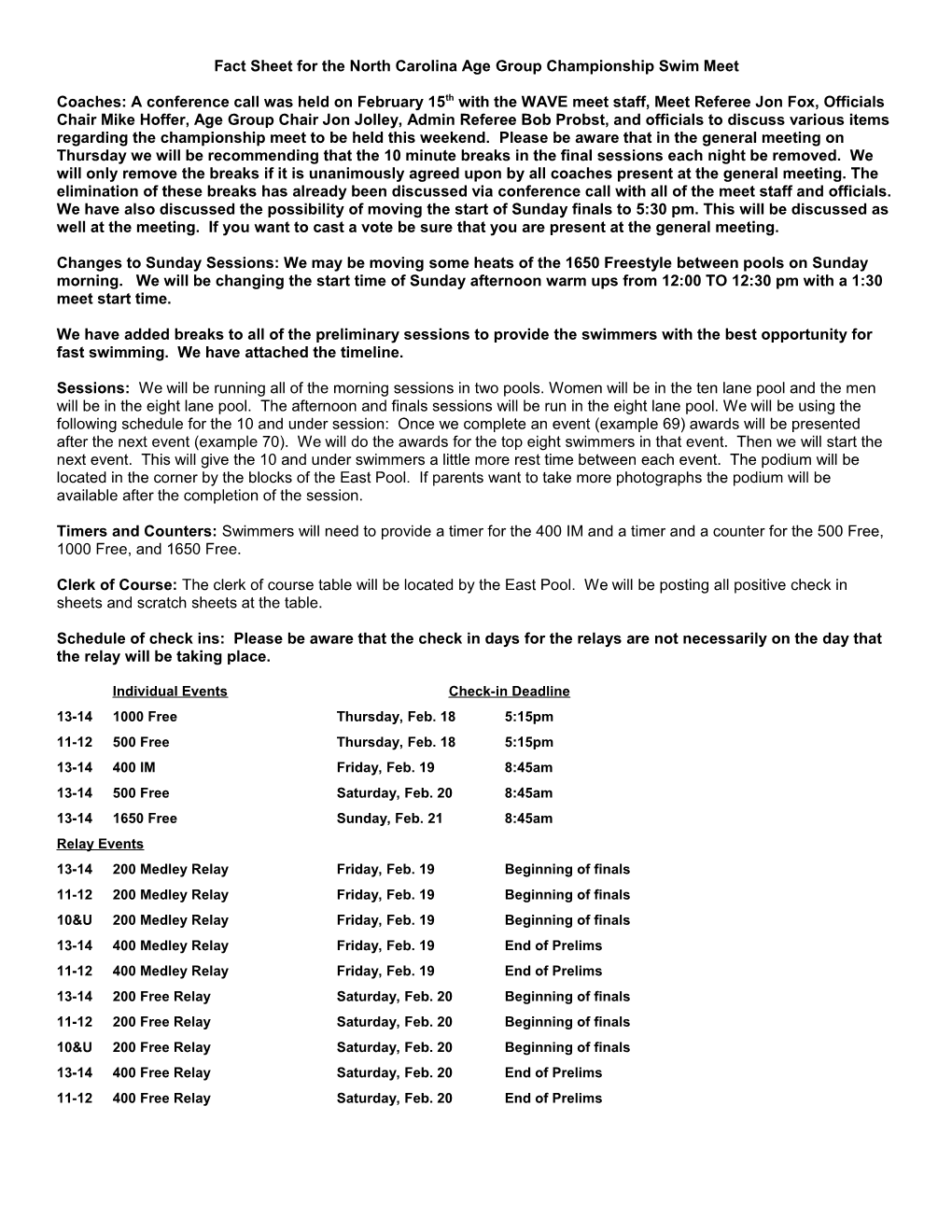 Fact Sheet for the North Carolinaage Group Championship Swim Meet