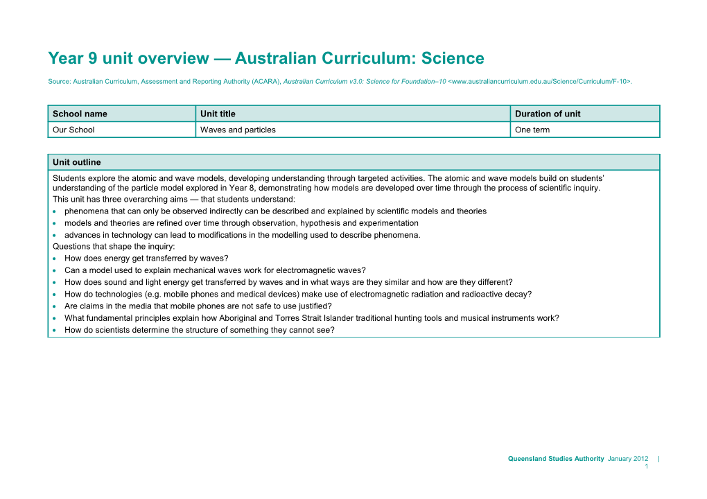 Year 9 Unit Overview Australian Curriculum: Science