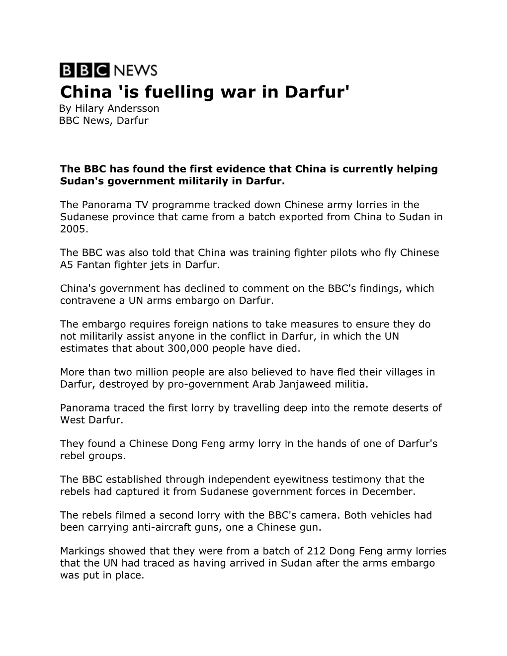 China 'Is Fuelling War in Darfur'