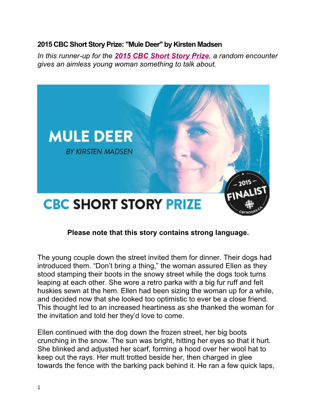 2015 CBC Short Story Prize: Mule Deer by Kirsten Madsen