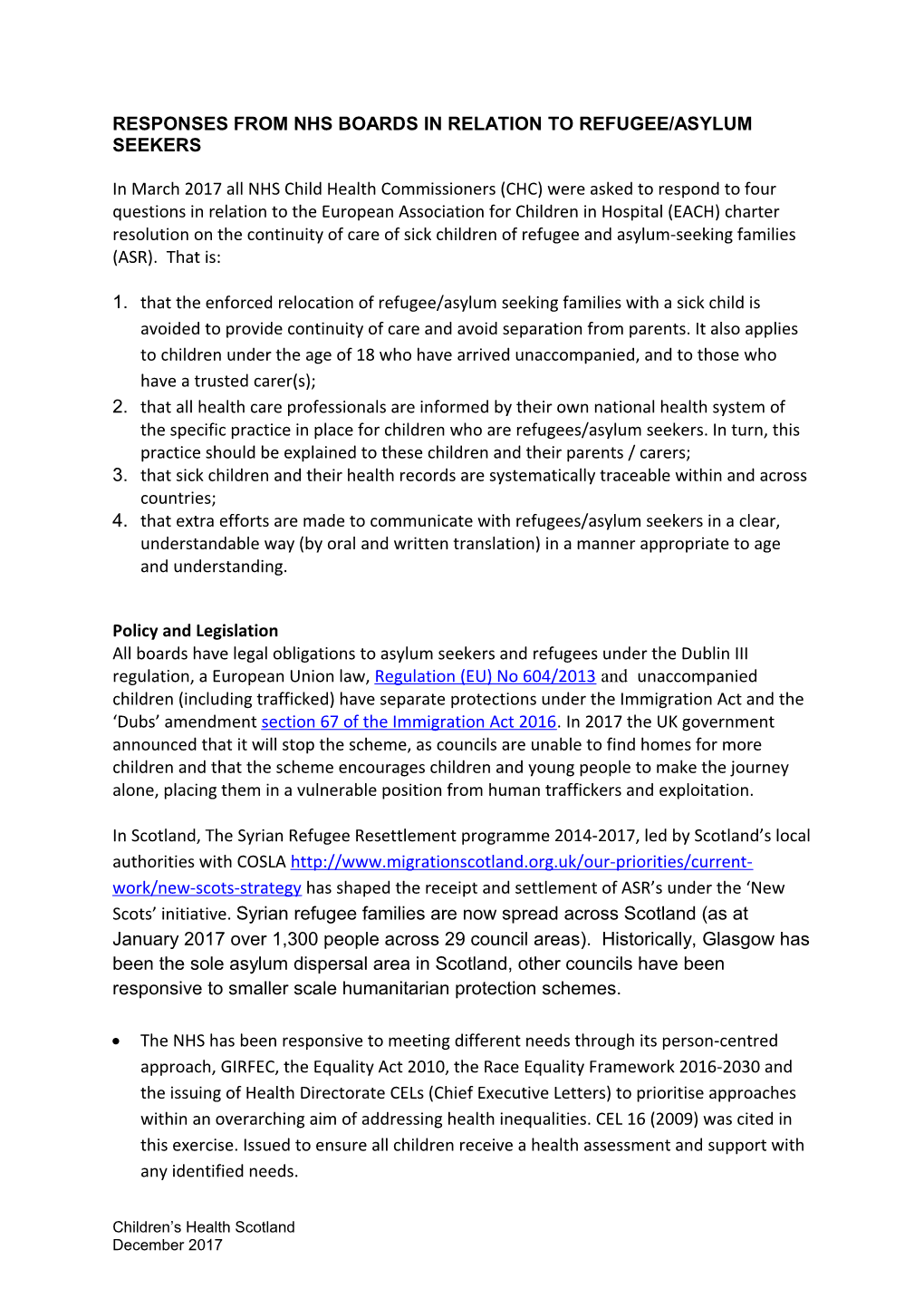 Responses from Nhs Boards in Relation to Refugee/Asylum Seekers