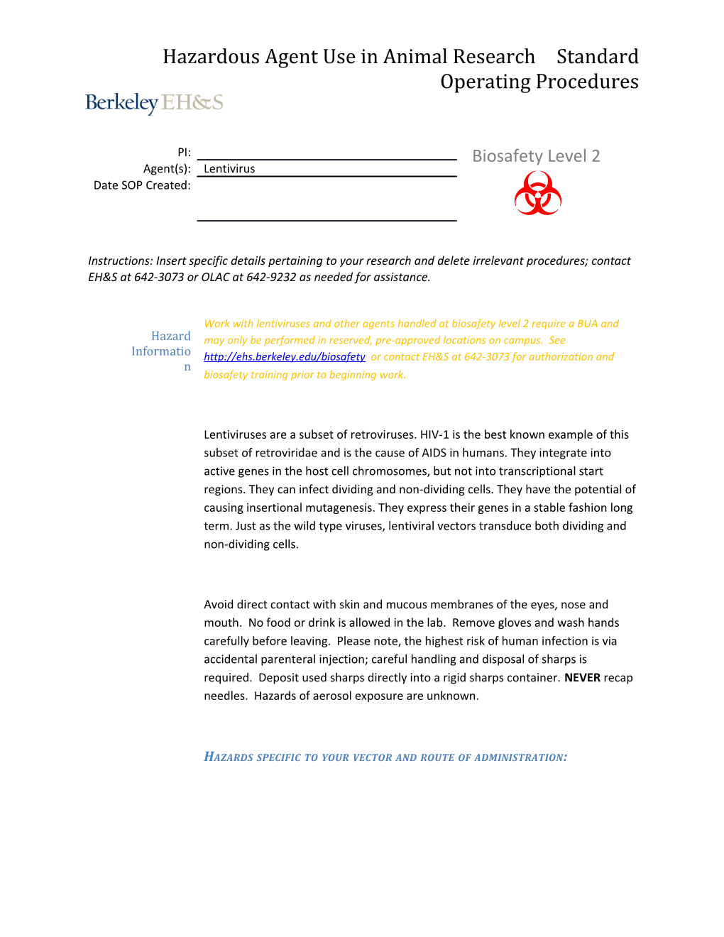 Hazardous Agent Use in Animal Research Standard Operating Procedures