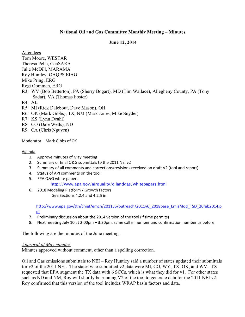 National Oil and Gas Committeemonthly Meeting Minutes