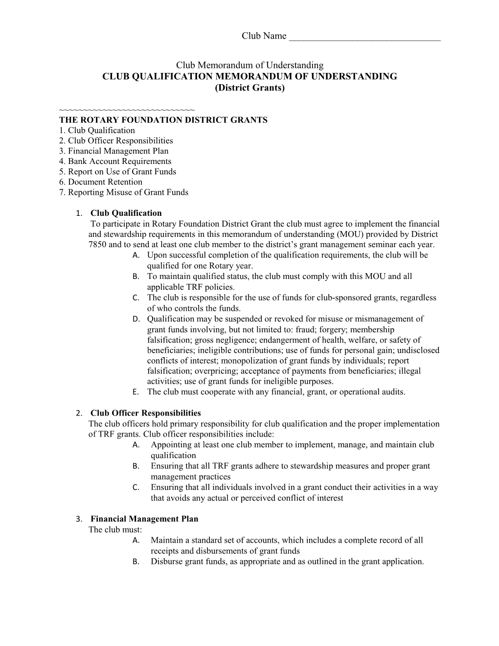 Club Qualification Memorandum of Understanding