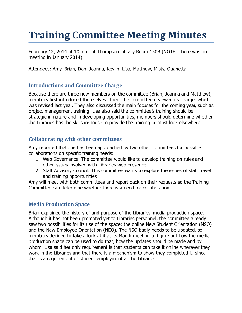 Training Committee Meeting Minutes